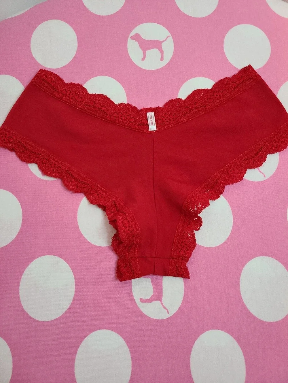 VTG VS PINK Studded Cotton Lace Trim XLR Cheekiest Hipster Panty Size Sm Red